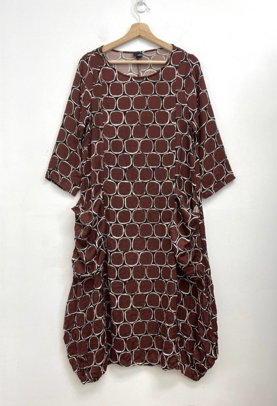 Lisa Bayne Bubble Hem Geometric Crinkle Art To Wear Lagenlook Midi Dress XSP